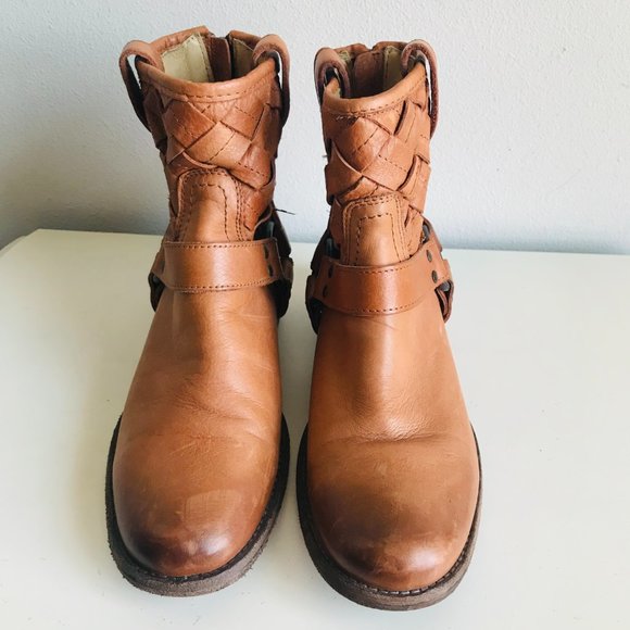 Frye Philip Woven Leather Brown Harness Boots Size 7 - Picture 2 of 9